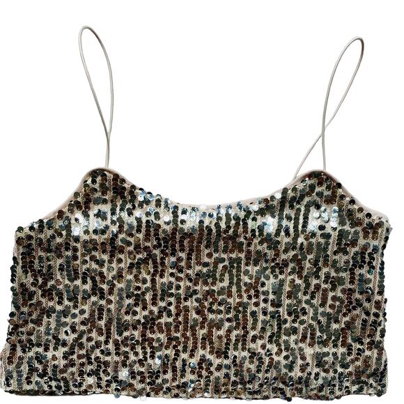 Forever 21 Gold Silver Sequin Crop Top Glitter‎ Sparkle Shiny Size Medium EUC - Picture 1 of 5